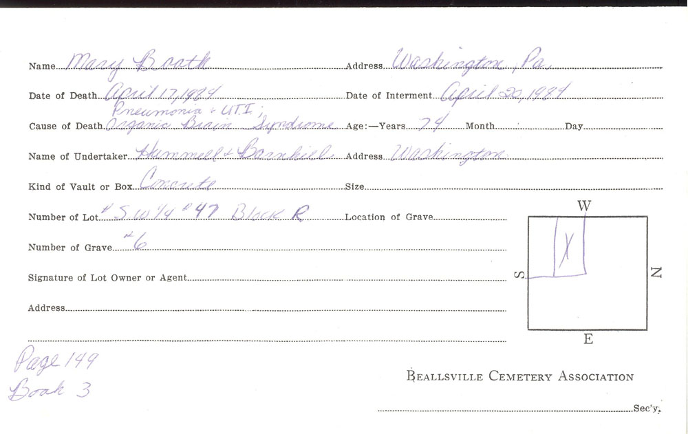 Mary Booth burial card